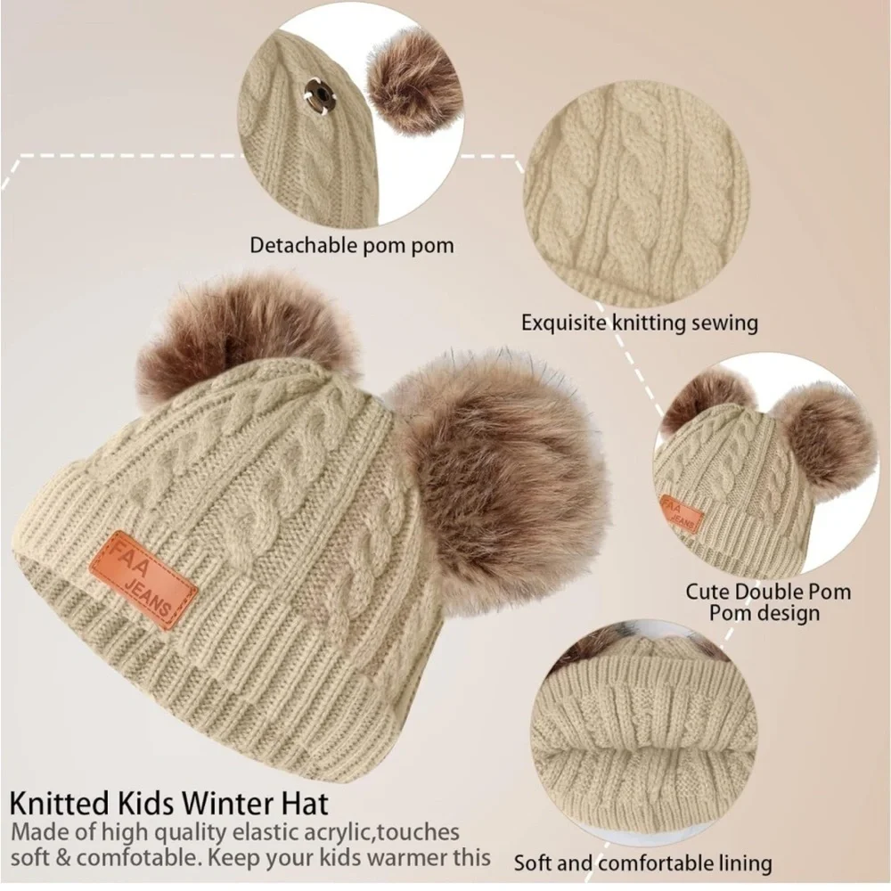 Beige NIP 3 Piece Winter Beanie Pom Pom Hat Neck Warmer Gloves Knit Fleece Lined